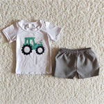 A9-23 White shirt with tractor black plaid Boy's shorts set