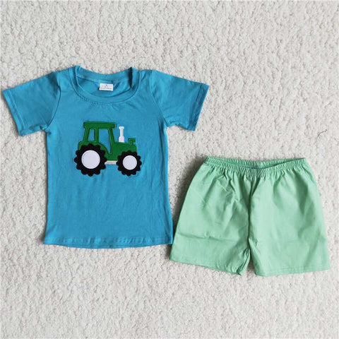 Blue shirt with tractor Boy's shorts set