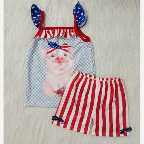 National Day Blue Red Pig Girl's Shorts Set