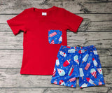 BSSO0025 Summer National Day Popsicle Red Boy's Shorts Set