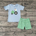 SALE BSSO0031 Farm Embroidery Tractor Rooster Chicken Green Plaid Boy's Shorts Set