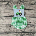 SR0019 Farm Embroidery Tractor Rooster Chicken Green Plaid Cute Girl's Romper