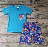 SALE BSSO0059 Summer Blue Cartoon With Pocket Boy's Shorts Set