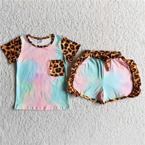 SALE D9-27 Tie Dry Leopard Cheetah With Pocket Girl Shorts Set