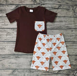 SALE BSSO0032 Summer Brown Cow With Pocket Boy's Shorts Set