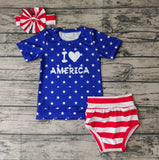SALE GBO0039 I Love America Blue Star With Bow Baby Bummie Girl's Set