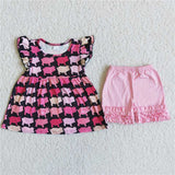 Black shirt with rose and pink pigs pure pink Girl's shorts