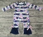 SALE LR0063  Flower Navy Blue Stripe Cute Baby Girl's Romper