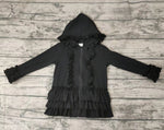 Black Solid Color Ruffles Hoodie Girl's Coat