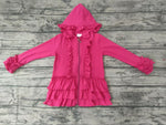 Bright Pink Solid Color Ruffles Hoodie Girl's Coat