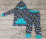 SALE BLP0055 Dinosaur Rocket Cute Green Blue Hoodie Boy's Set