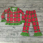 GLP0138 Boutique Christmas Green Red Plaid Buttons Girl's Set Pajamas