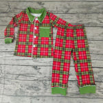 BLP0049 Boutique Christmas Green Red Plaid Buttons Boy's Set Pajamas