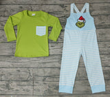 Christmas Overalls Green Pocket Blue Stripe Cartoon Boy's Set