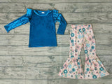 Boutique Flower Gold Velvet Ruffled Blue Cute Girl's Set