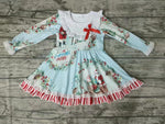 Merry Christmas JOY Santa Ruffled Lace Blue Baby Cute Girl's Dress