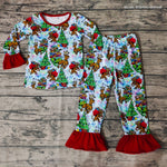 SALE GLP0242 Christmas Green Cartoon Dog Tree Gift Girl's Set Pajamas