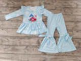 Boutique Snowman Blue Snowflake Dots Ruffles Bow Cute Girl's Set