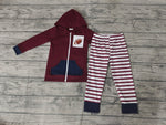 Football New Wine Red Dark Blue Stripe Hoodie With Zipper Boy's Set