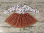 SALE GLD0100 Boutique New Fall Watercolor Khaki Leaves Tulle Girl's Dress