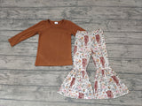 Western Cow Flower Floral Brown Cotton Girl's Set