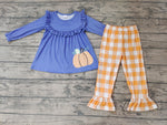 Fall Pumpkin Blue Orange Plaid Cute Girl's Set