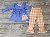 Fall Pumpkin Blue Orange Plaid Cute Girl's Set