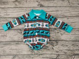 Western Horse Blue Stripe Baby Bubble Girl's Romper