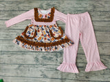 Boutique Ruffles Flower Floral Pink Dots Pockets Girl's Set