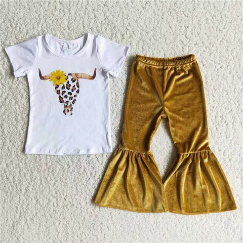 SALE D2-11 Sunflower Bull Skull Leopard Golden Velvet Gold Girl's Set