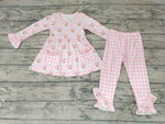 Christmas Santa Pink Plaid Pockets Cute Ruffles Girl's Set