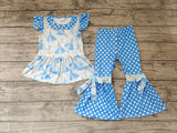 Boutique Princess Blue Dots Ruffles Bow Cute Girl's Set