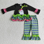 Halloween Embroidered Ghost Green Stripe Girl's Boy's Matching Clothes