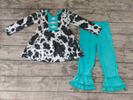 Boutique Cow Blue Bow Design Ruffles Girl's Set