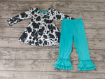 Boutique Cow Blue Bow Design Ruffles Girl's Set