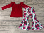 New Gold Velvet Flower Ruffled Rose Red Cute Girl's Set