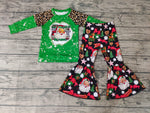 SALE GLP0321  Christmas Santa BIG POPPA Green Leopard Splicing Design Girl's Set