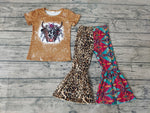 Fashion Western Cow Leopard Khaki Splicing Girl's Set