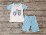 SALE BSSO0091 Easter Car Rabbit Carrot Blue Plaid Boy's Shorts Set