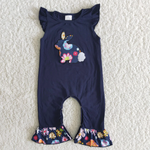 Easter Embroidered Rabbit Flower Blue Girl's Matching Clothes