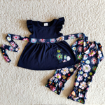 Easter Embroidered Rabbit Flower Blue Girl's Matching Clothes