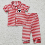 Embroidery Mouse Red Stripe Boy's Girl's Matching Clothes Pajamas