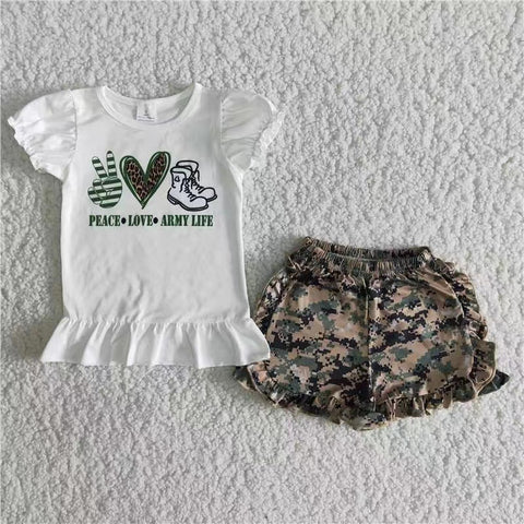 PEACE LOVE ARMY LIFE Camo White Girl's Shorts Set