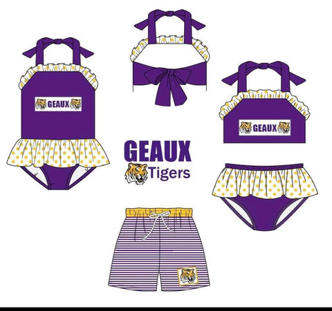 MOQ 8 pcs each style Custom Style GEAUX Purple Tiger Swimwear