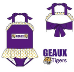 MOQ 8 pcs each style Custom Style GEAUX Purple Tiger Swimwear