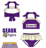 MOQ 8 pcs each style Custom Style GEAUX Purple Tiger Swimwear