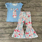 GSPO0460 Easter Rabbit Bunny Flower Sky Blue Girl's Set