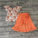 GSSO0184 Fashion Cow Flower Orange Skirt Shorts Belt Girl's Set