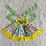 SALE A0-21 Boutique Truck Car Farm Yellow Green Twirl Girl's Dress