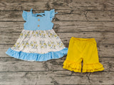 SALE GSSO0220 Summer Blue Flower Yellow Ruffles Girl's Shorts Set